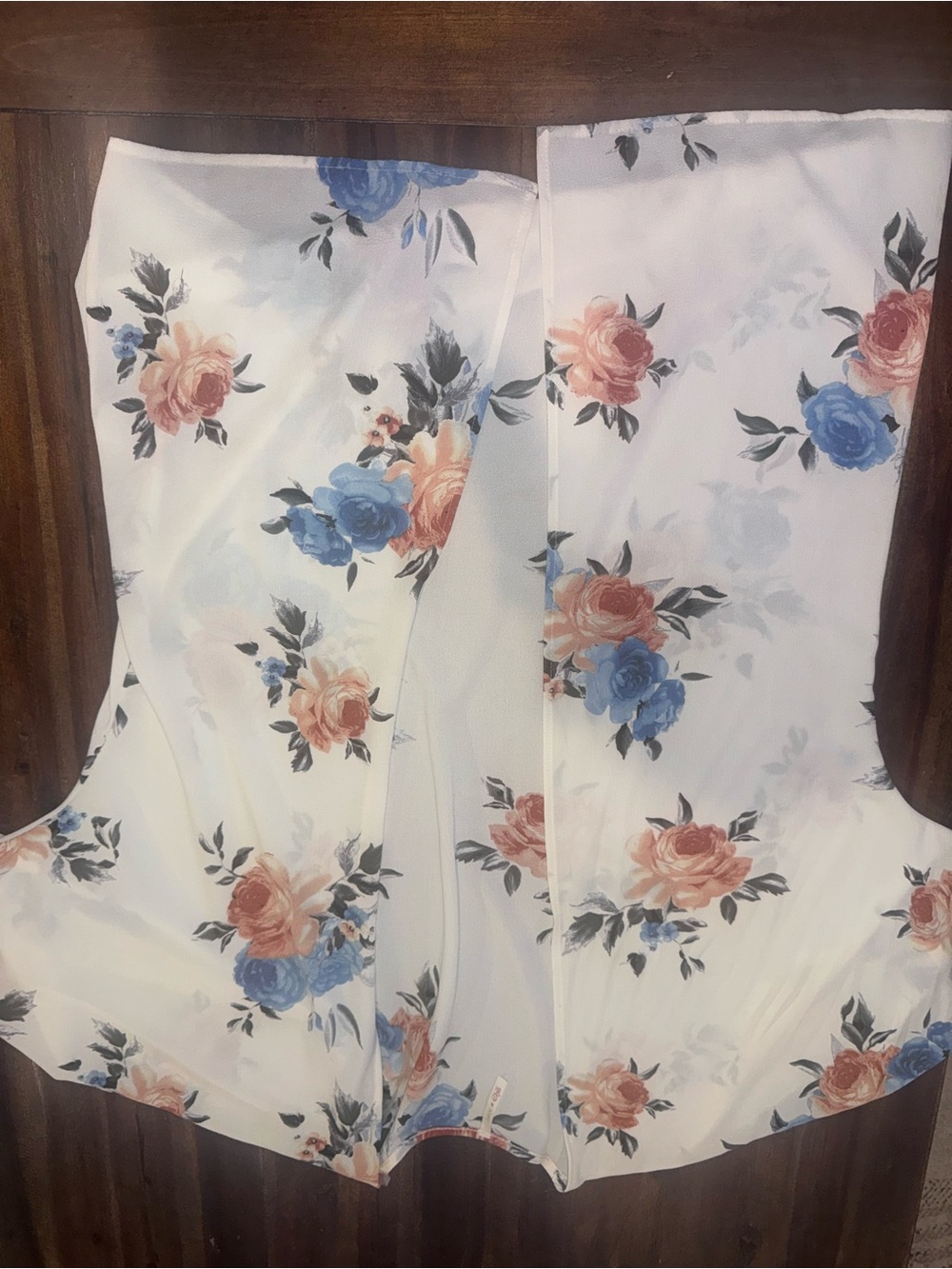 Floral Satin Camisole Top in White with Blue & Peach Roses